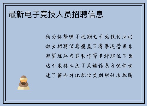 最新电子竞技人员招聘信息